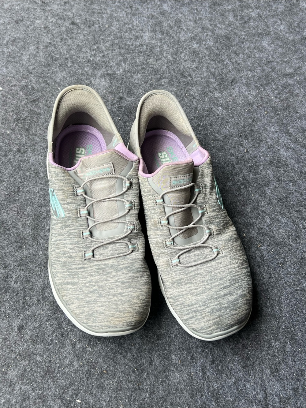 Skechers Women's Gray Slip-On Knit Sneakers with Pink and Mint Accents